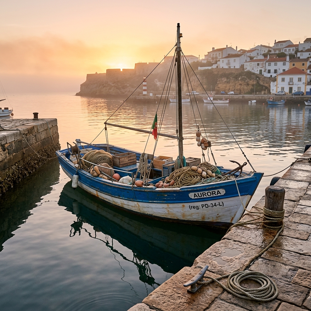 A traditional Portuguese fishing boat docked at dawn