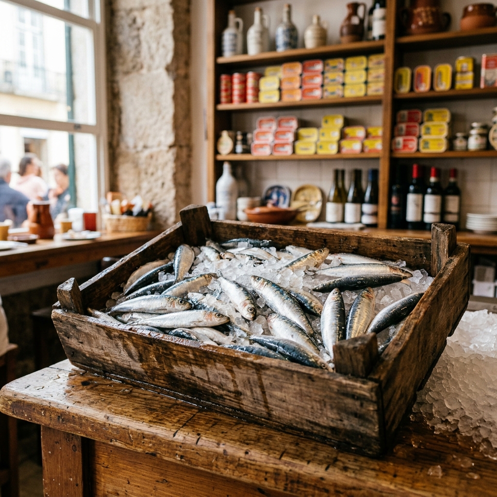 A wooden crate of fresh glistening silver sardines on ice at the dock